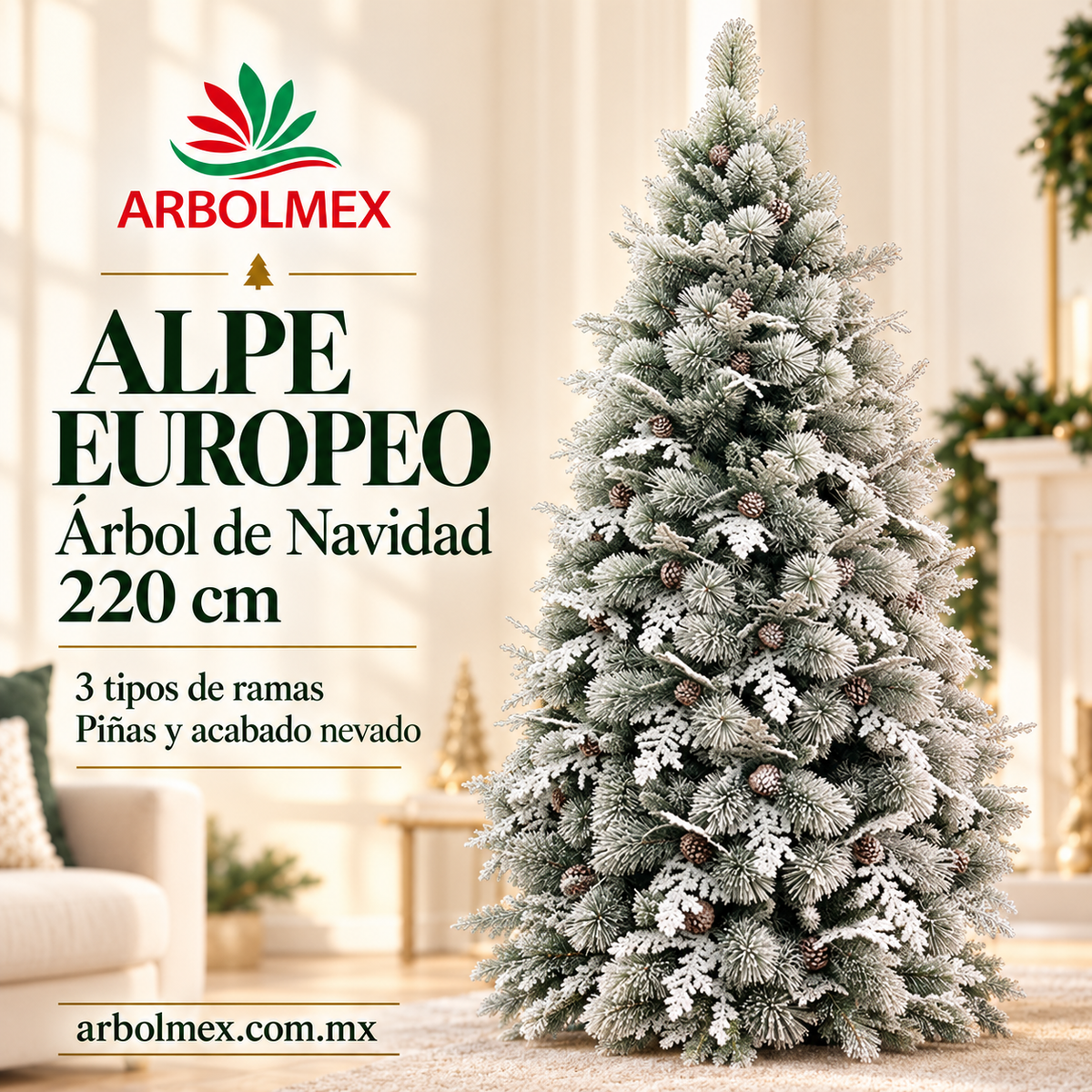 Árbol de Navidad Alpe Europeo ARBOLMEX de 220 cm — Pino Nevado con Piñas