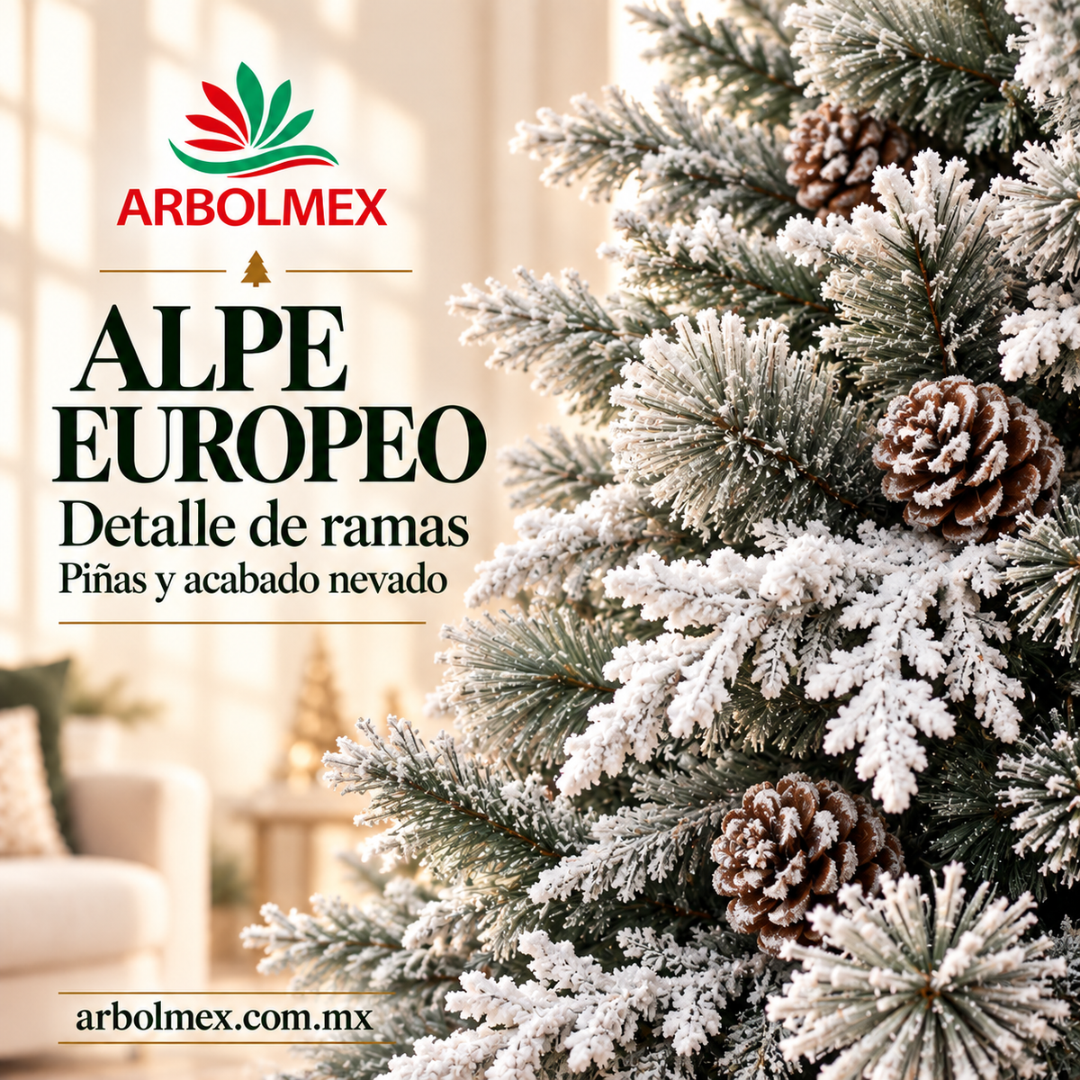 Árbol de Navidad Alpe Europeo ARBOLMEX de 220 cm — Pino Nevado con Piñas
